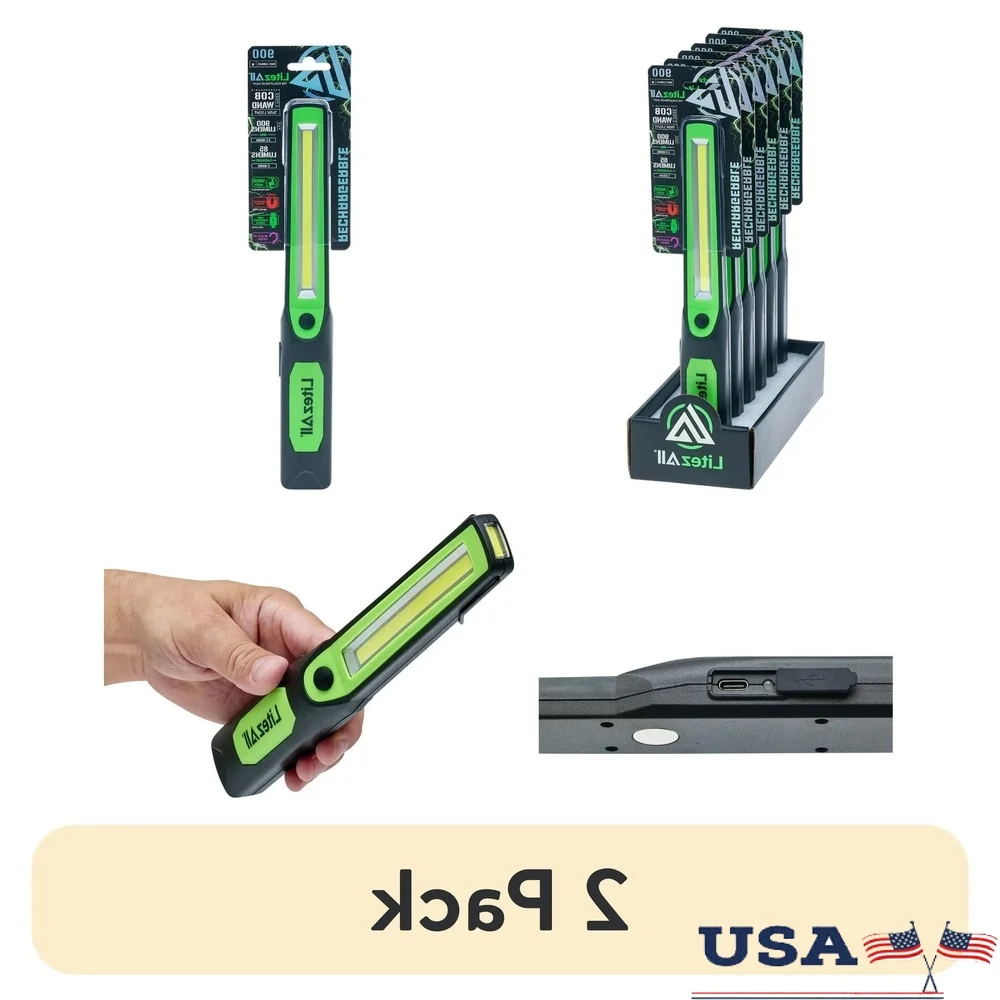 

2 Pack Rechargeable 1000 Lumen COB Work Light Flashlight with Strong Magnets Hanging Hook USB-C Charging Cable Durable Plastic
