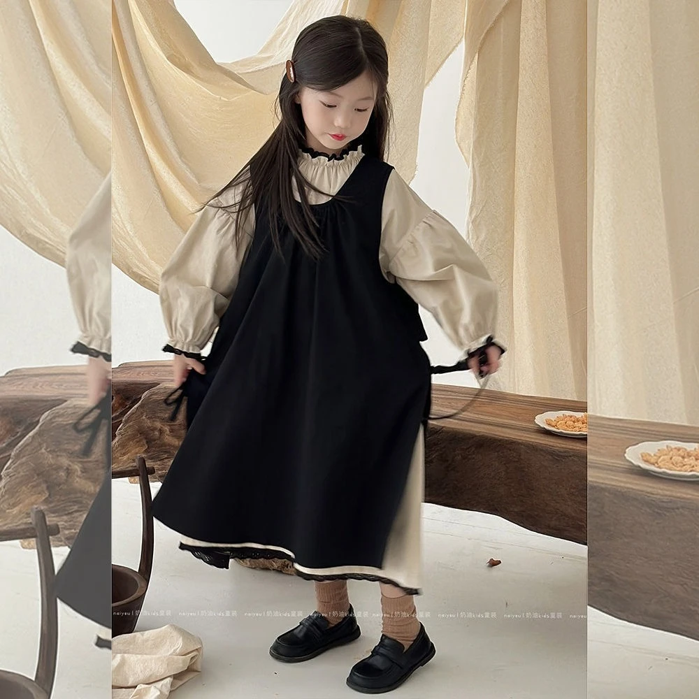Spring Fall Long Sleeve Cover Up Girls Fashion Puff Sleeve Dress Set Korean Girls Spring Real Two Piece Set