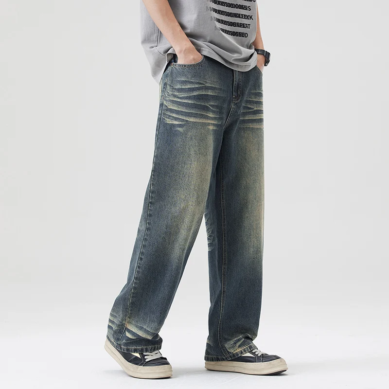 

Мужские джинсы в американском ретро-стиле, весенние, модные, плотные, свободные, прямые, широкие, повседневные, из хлопкового денима