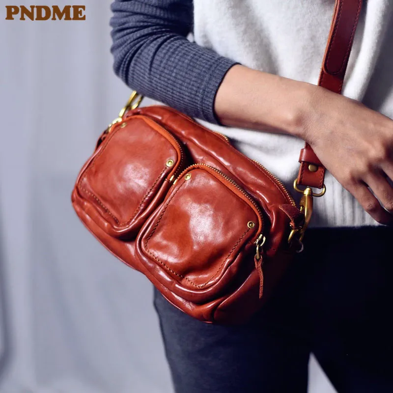 

PNDME vintage luxury natural genuine leather women's multi-pocket crossbody bag casual outdoor real cowhide female shoulder bag