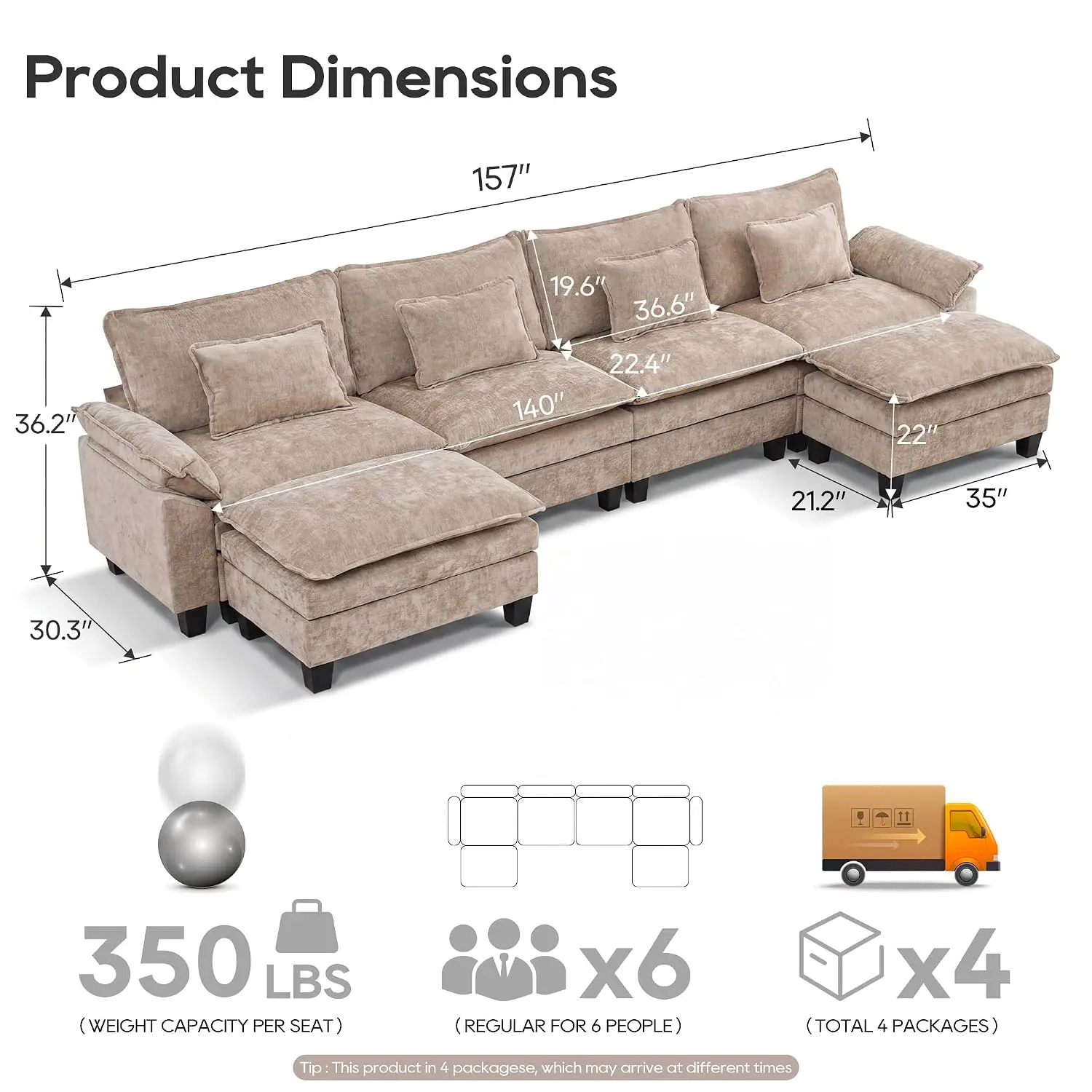 Oversized Modular Sectional Sofa，Khaki：157