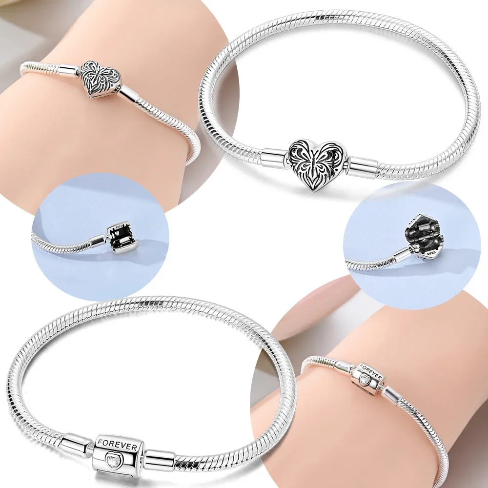 

Оригинальный браслет-цепочка из серебра 925 пробы со змеей Forever Love Heart, браслет из циркона с бусинами, бабочка для женщин, подруги, прекрасный подарок, ювелирные изделия