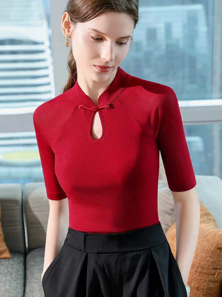 Chinese Style Stand Collar Blouse Women Summer Half Sleeve Mesh T-shirt Retro Frog Button Black Slim Fit Casual Ethnic Tops