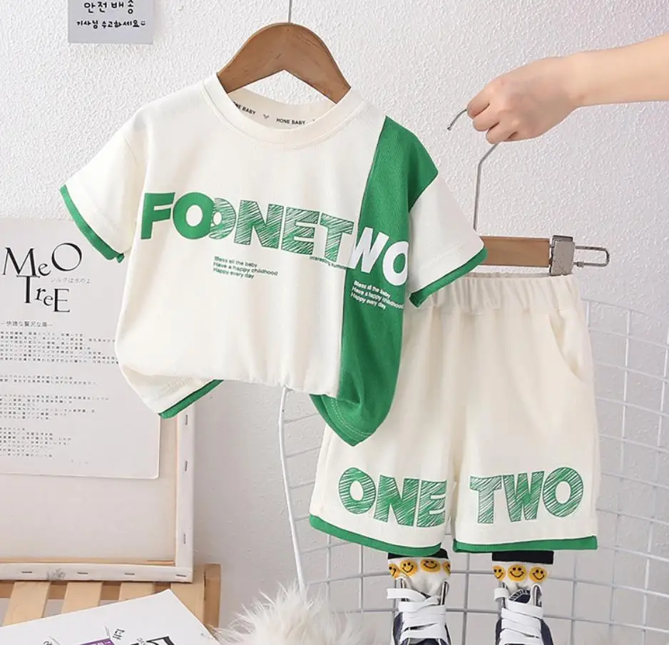 

Boys Summer Clothes Set Korean Style Children Patchwork Letter Short Sleeve T-shirt and Shorts 2Pcs Suits Kids Toddler Tracksuit