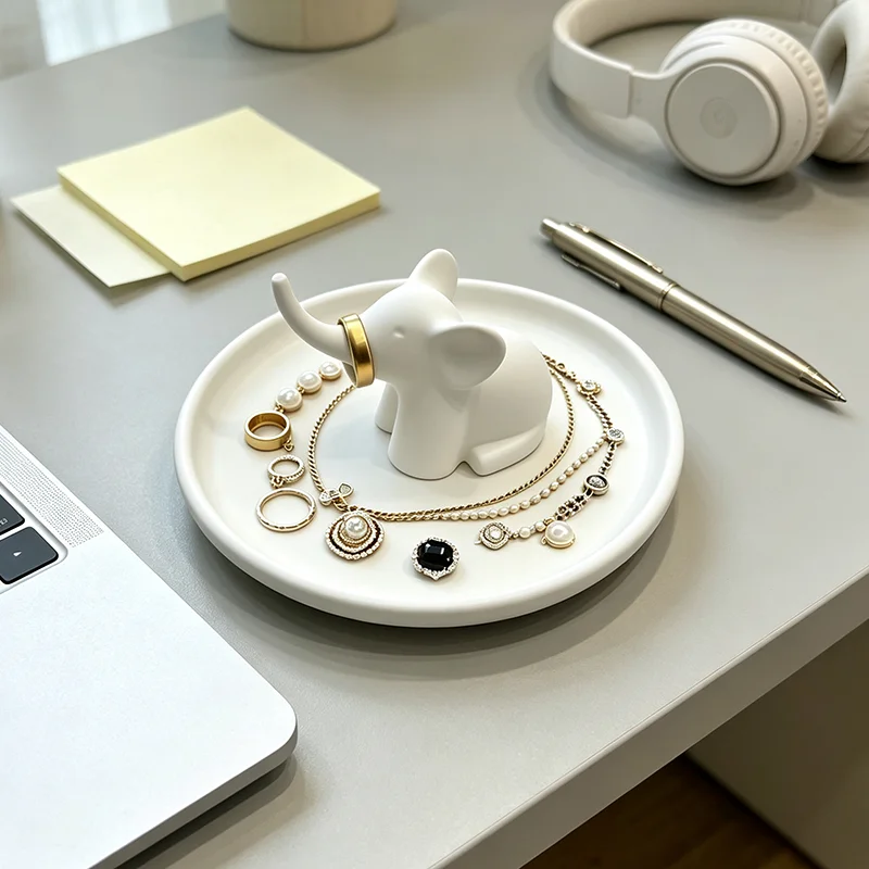 Cute Elephant 3D Printed Jewelry Tray White Animal Trinket Dish Minimalist Ring Necklace Storage Holder Tabletop Dresser Decor