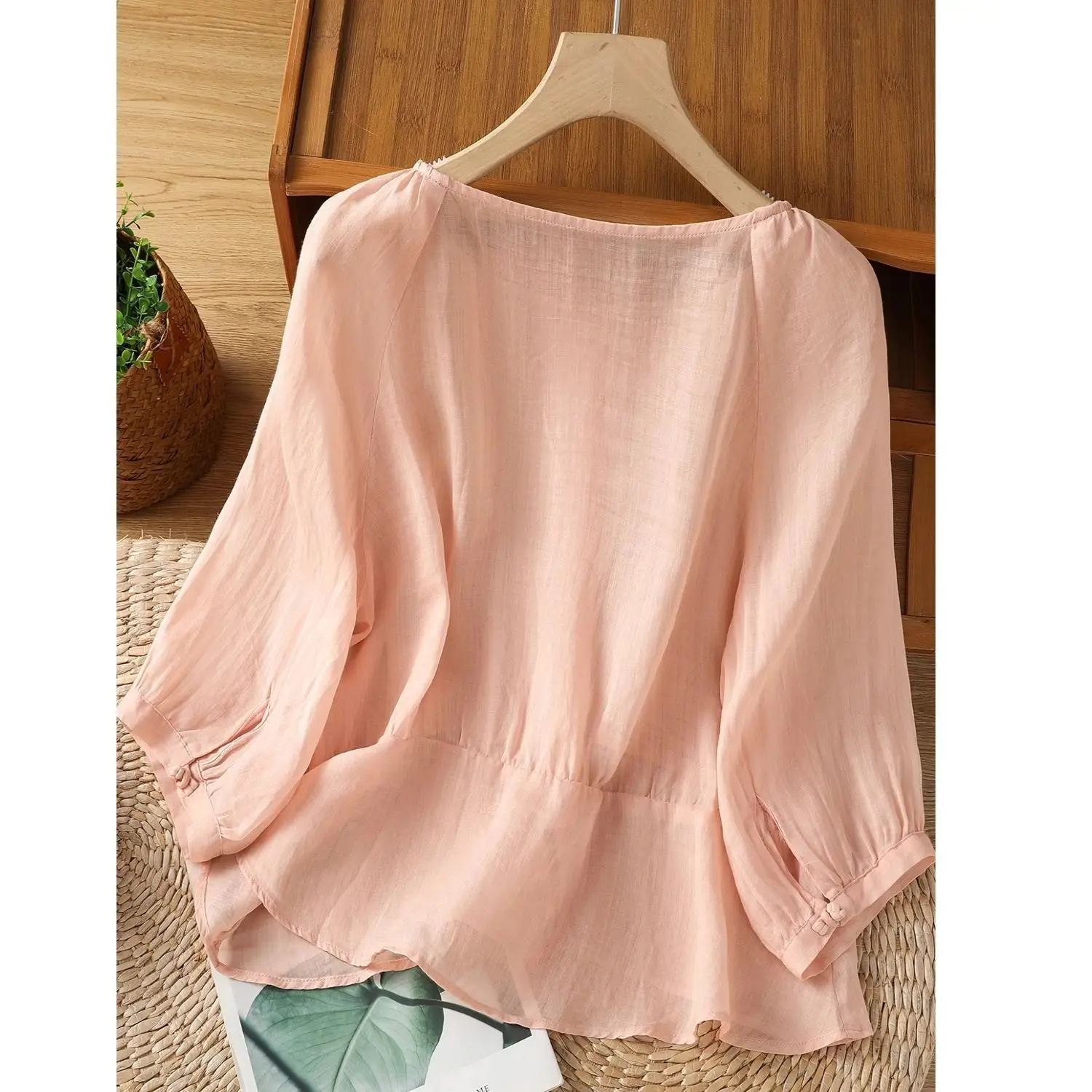 Summer Cotton Linen Women's Blouse Loose Button Tee O-Neck Thin Shirt Three-quarter Sleeve Top Solid Retro Chinese Tea Clothing