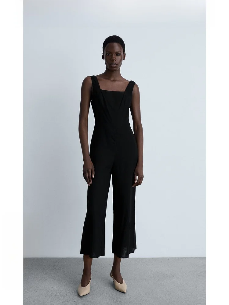

Mango Women's One-Piece Jumpsuit Linen Strap High Waist Long Pants Spring 2024 Straight Cut Regular Thin High Waist