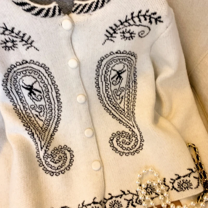 خمر طباعة سترة مشغولة من الصوف المرأة Harajuku اقتصاص سترة سوداء ملابس خارجية الكورية طويلة الأكمام تريكو الشتاء لاعبا جديد #4