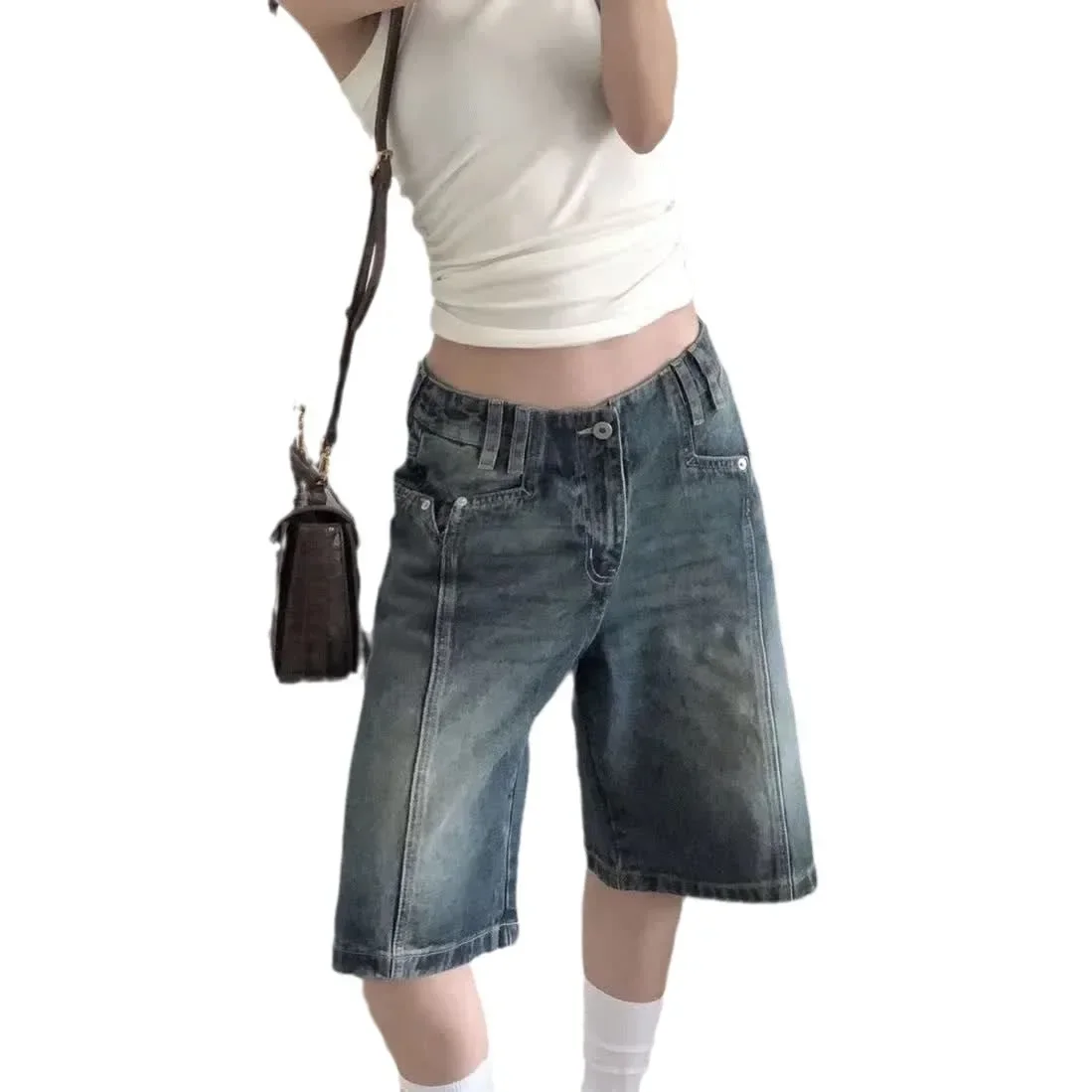 Vintage Distressed Women Jeans Denim Knee Length Wide Leg Pants Mid Waist 2025 Washed Jean Pockets Spliced Basics Loose