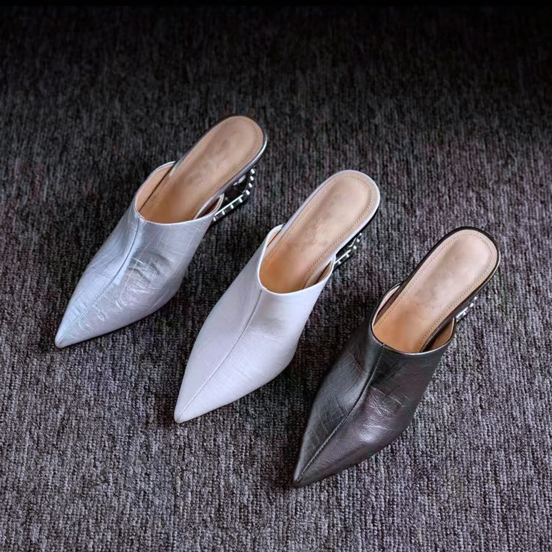

Women's new summer leather cowhide pointed high-heeled wedge heel with toe cover,M ü ller shoes, star style fashionable slippers