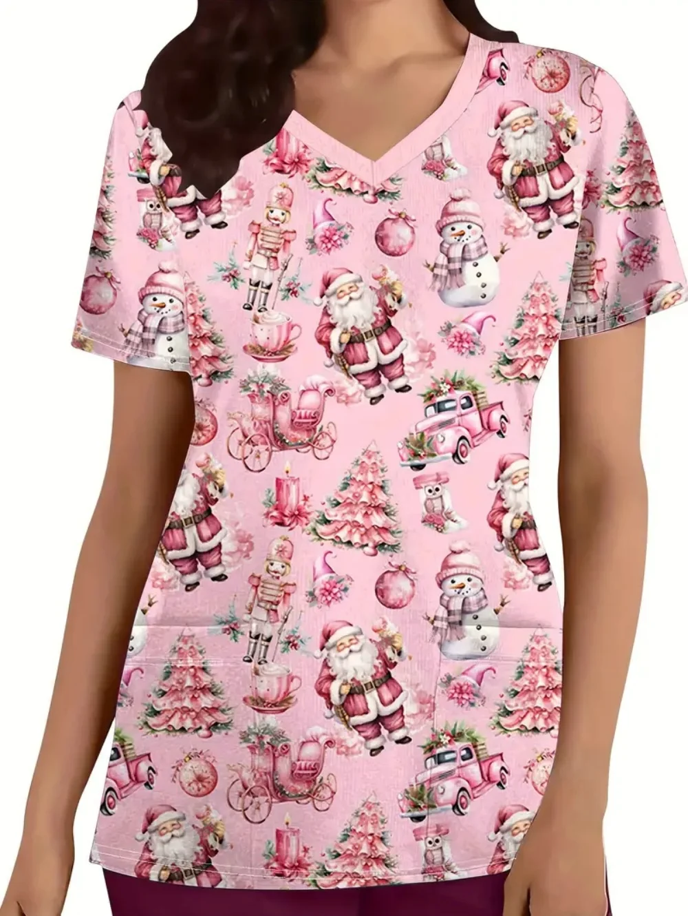 

Scrubs Uniform Woman Christmas Pink Cartoon Print Nursing Uniforms Casual V-Neck Short Sleeve with Pockets Surgical Uniform Tops