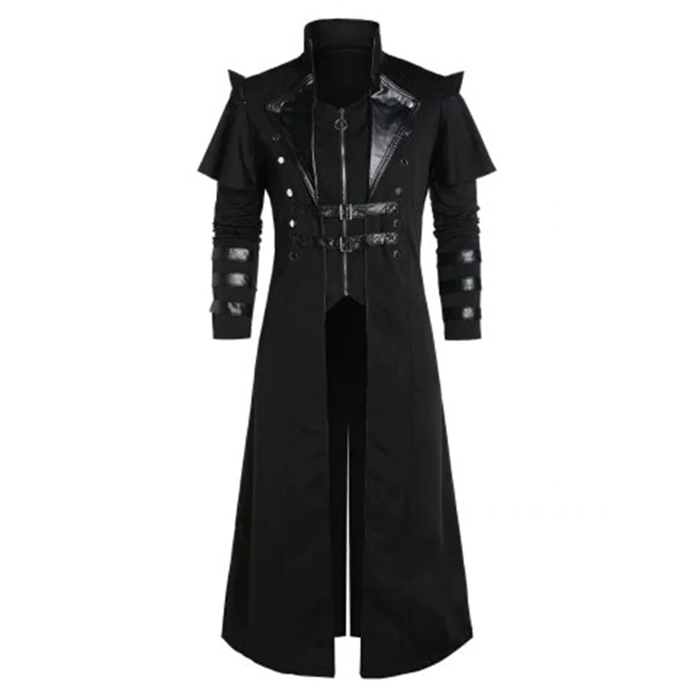 

Medieval Mens Coat Long Jacket Gothic Steampunk Hooded Trench Cosplay Costume