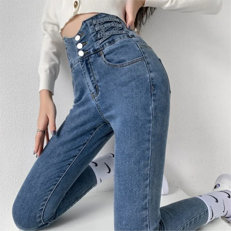 Diseño de cintura alta mamá Jeans Mujer novios recto elástico Mujer algodón ajustado Vintage Mujer tendencia Denim pantalones Vaqueros Mujer