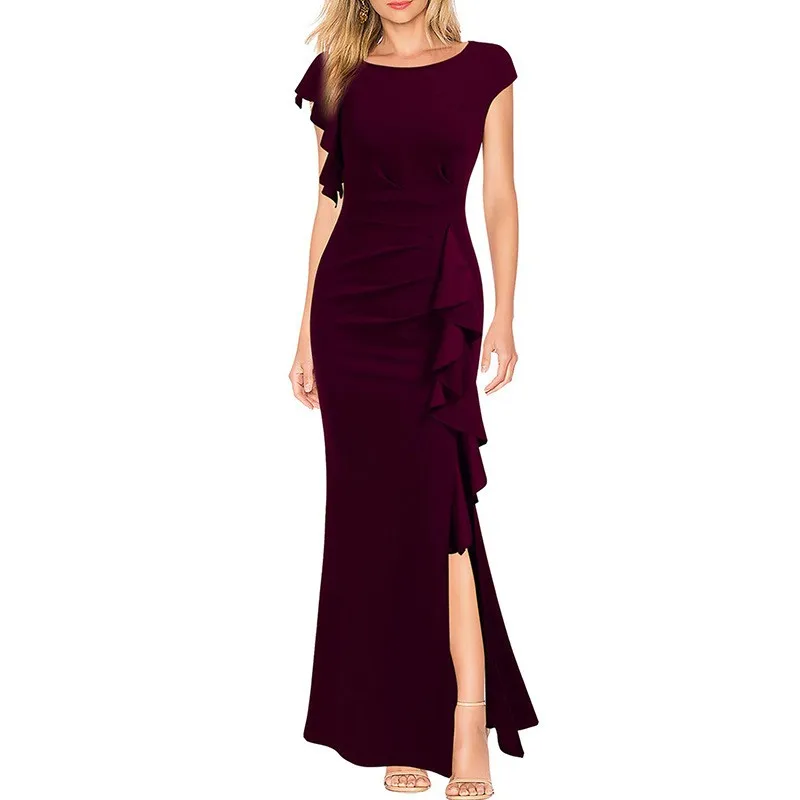 Side Slit High Waist Gown with High Waist Cut Sexy Private Celebrity Style Single Elegant Round Neck Dress Summer for Women