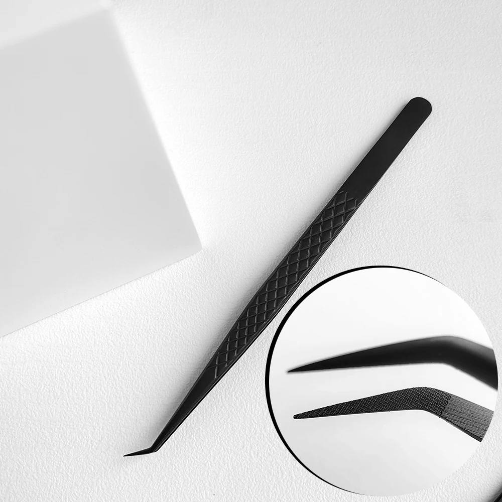 まつげエクステ用ビッグファイバーチップつけまつげピンセット、黒いピンセット、まつげ用ピンセットの先端が完璧に密着