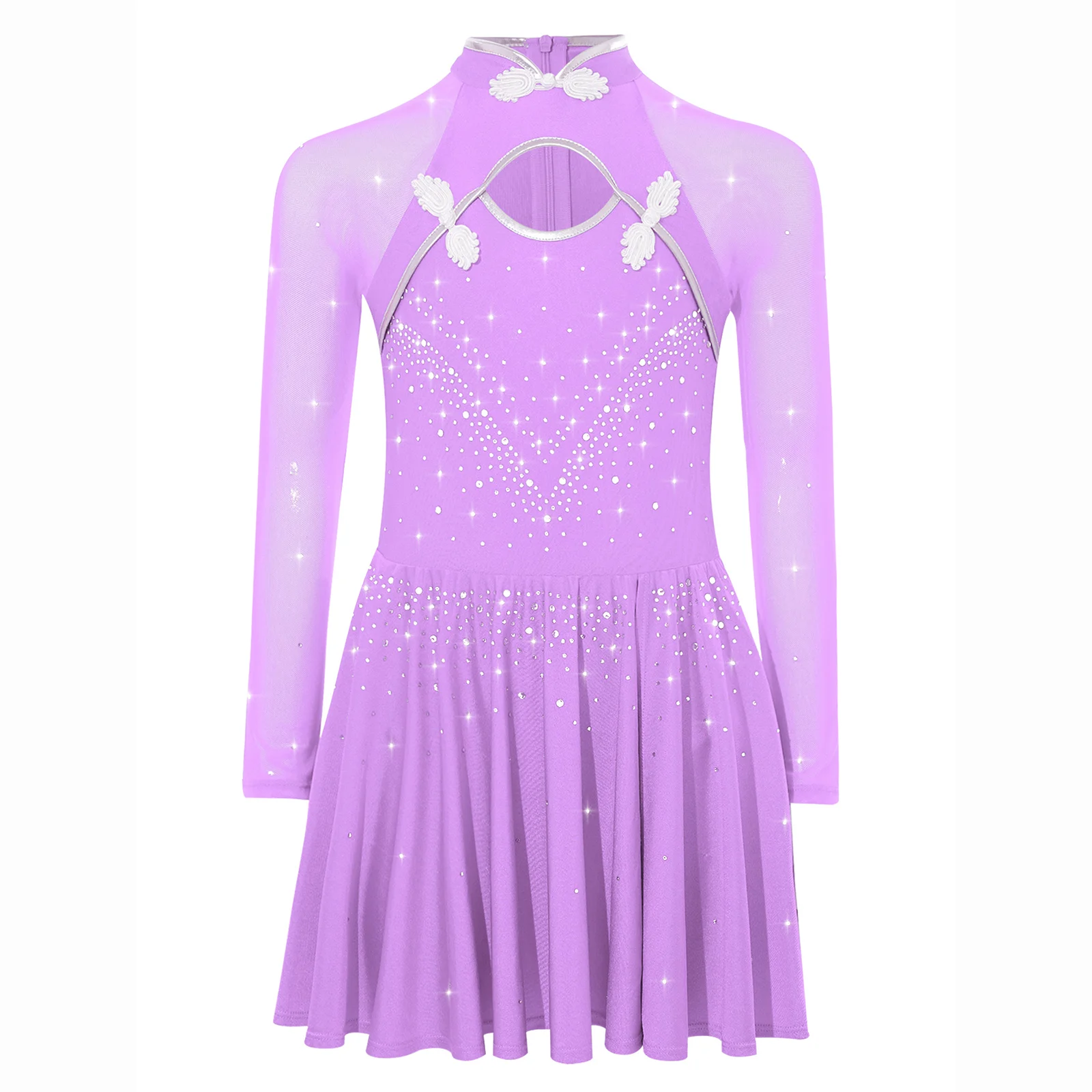 

Kids Girls Ballet Lyrical Dance Dresses Shiny Rhinestones Knot Button Mandarin Collar Sheer Mesh Long Sleeves Side Split Dress