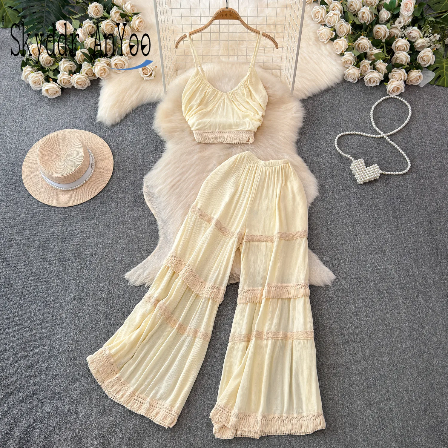 

Summer Women's Suits Elegant 2 Pieces New In Matching Pants Sets Tassel Camis Tops And Wide Legged Flare Pants Outfit