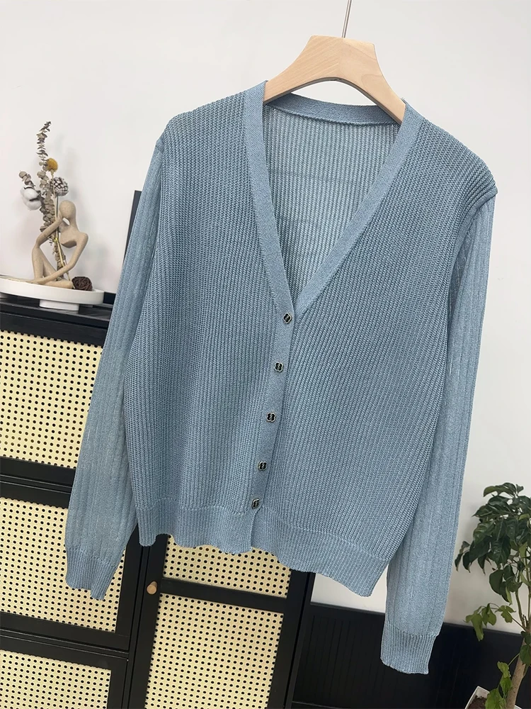 High Quality Breathable Summer Ice Silk Knitted Cardigan, Sun Protection Shirt, V-neck Top, Women's Outerwear with Thin Shawl