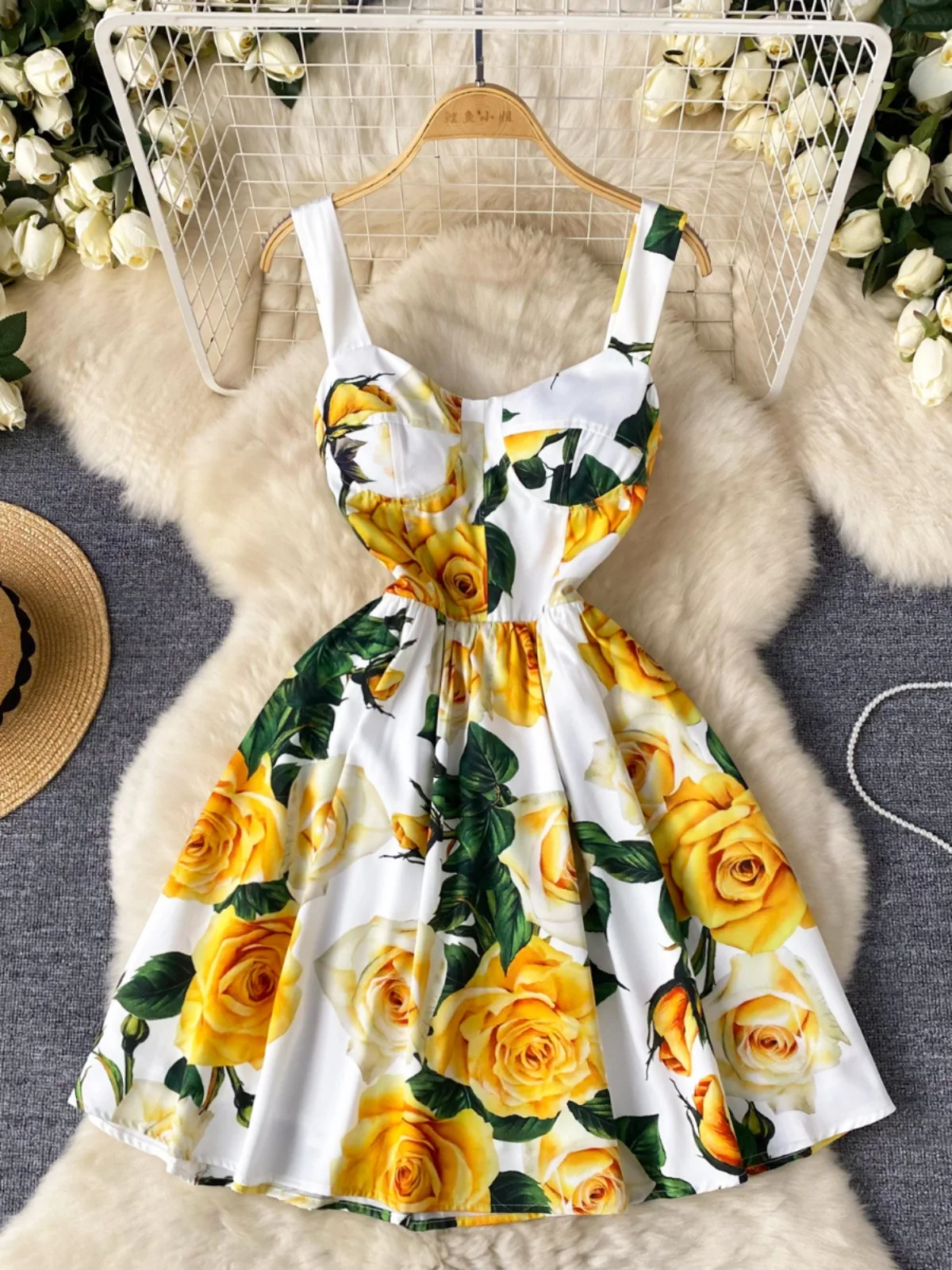 

Elegant Light Evening Dress Women's Spring and Summer New Style French Retro Elegant Printed Waist Strap Streetwear Party Dress