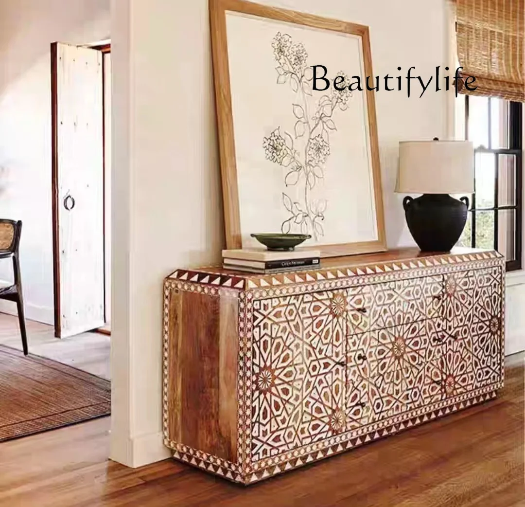 

French all solid wood carving flower dining side cabinet retro old decorative storage entrance foyer designer model