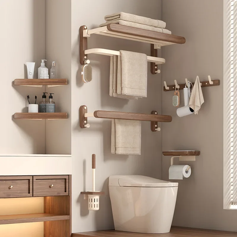 

Walnut Cream Style White Towel Rack, No Punch Bathroom Shelf, Toilet, Wall Mounted, Washroom Storage, Bath Towel Holder