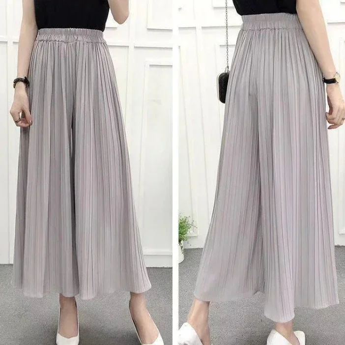 Sommer Neue frauen Hosen Koreanische Mode Feste Elastische Taille Gefaltete Lose Rock Hosen Plus Größe Casual Breite bein abgeschnitten Hosen – Detail 6