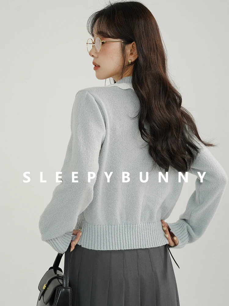 Sweet Baby Blue Cardigan | Contrast Trim Doll Collar Knit Sweater | Soft Cozy Long Sleeve Button Front Knitwear for Women Winter