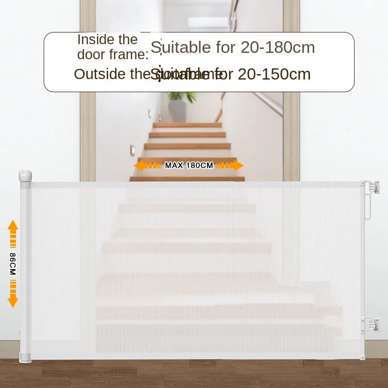 Baby Safety Gate: Retractable Safety Gate for Stairwells and Bedrooms—No Drilling Required—Height 86 cm, Length 140/180 cm