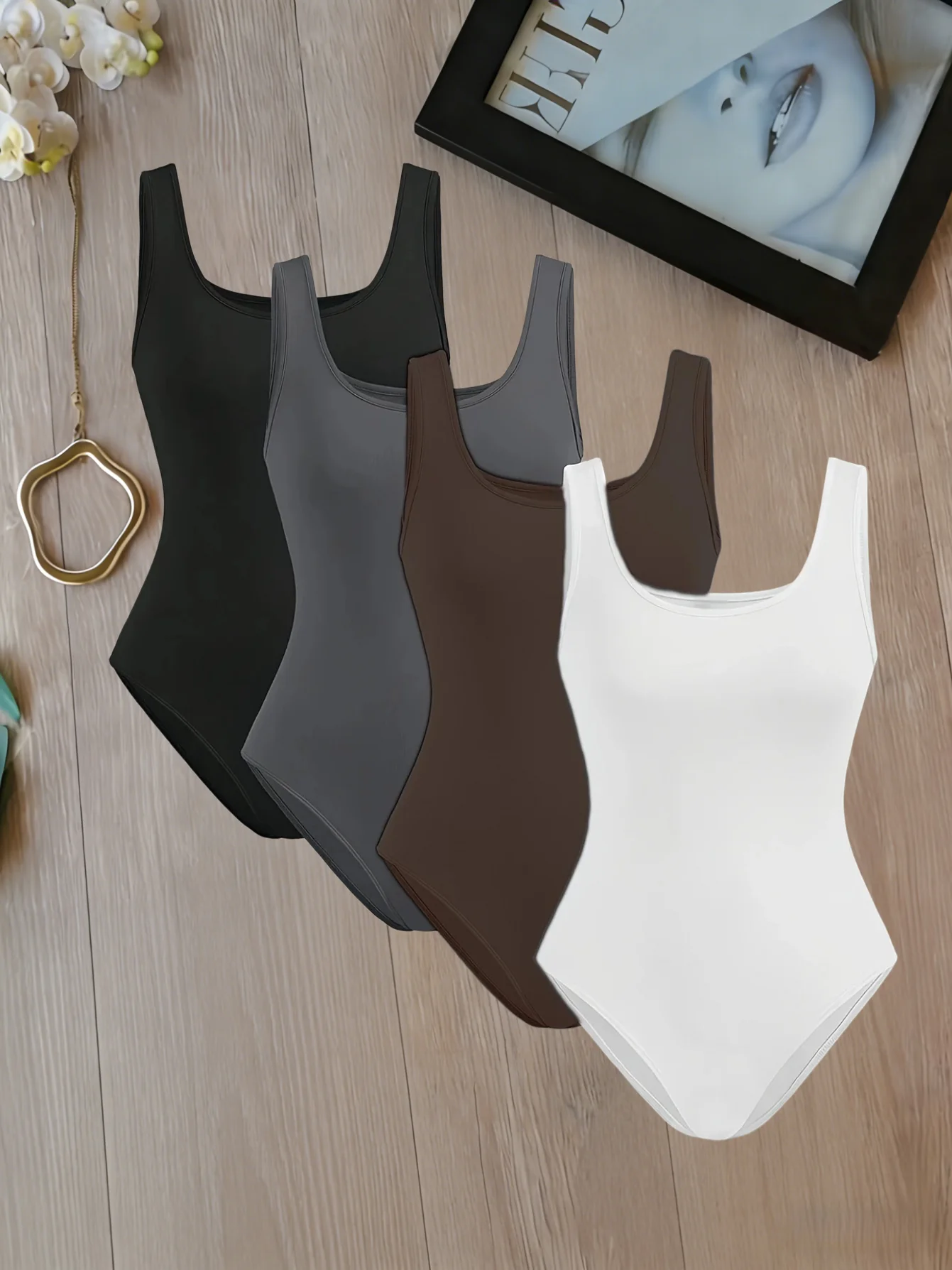 Women 4 Pack Square Neck Sleeveless Bodysuit Set Form Fitting Thong Bodysuit Set