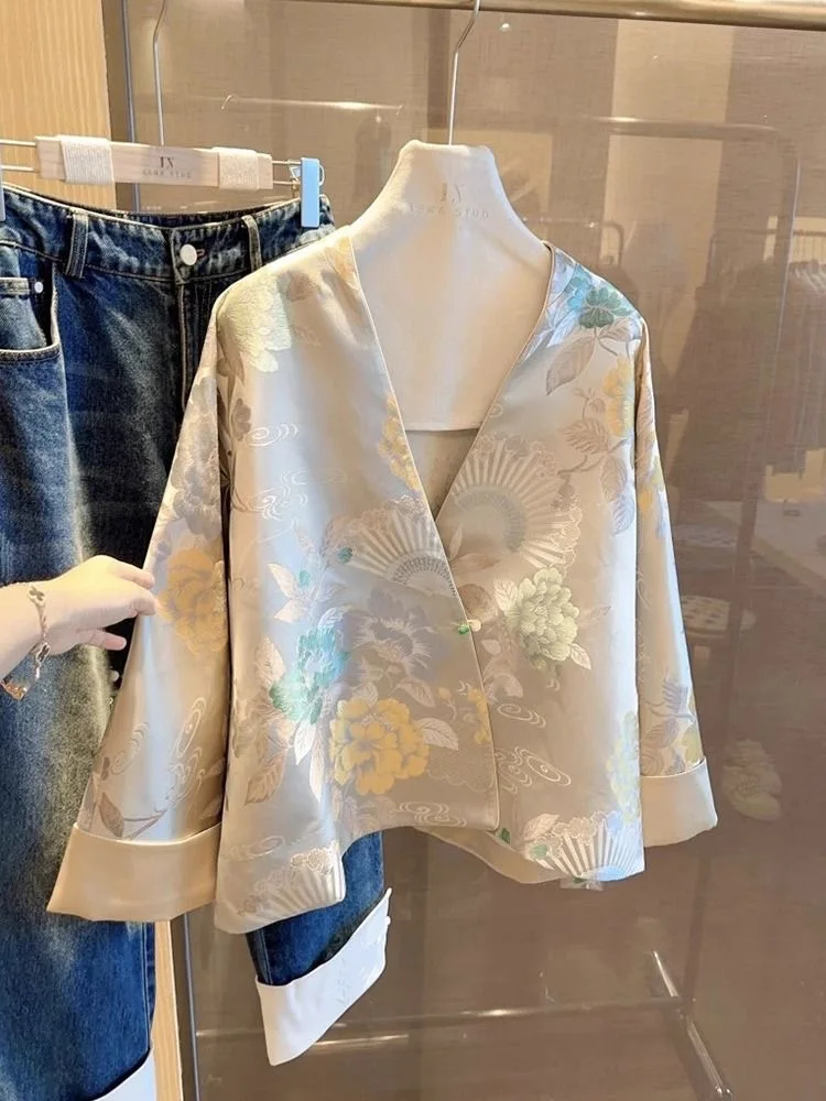 2024 Nieuwe Chinese Stijl Herfst Nieuwe Verbeterde Tang Suit Jas Dames V-Hals Lange Mouw Retro Mode Stijl Dagelijkse Chinese Blouse