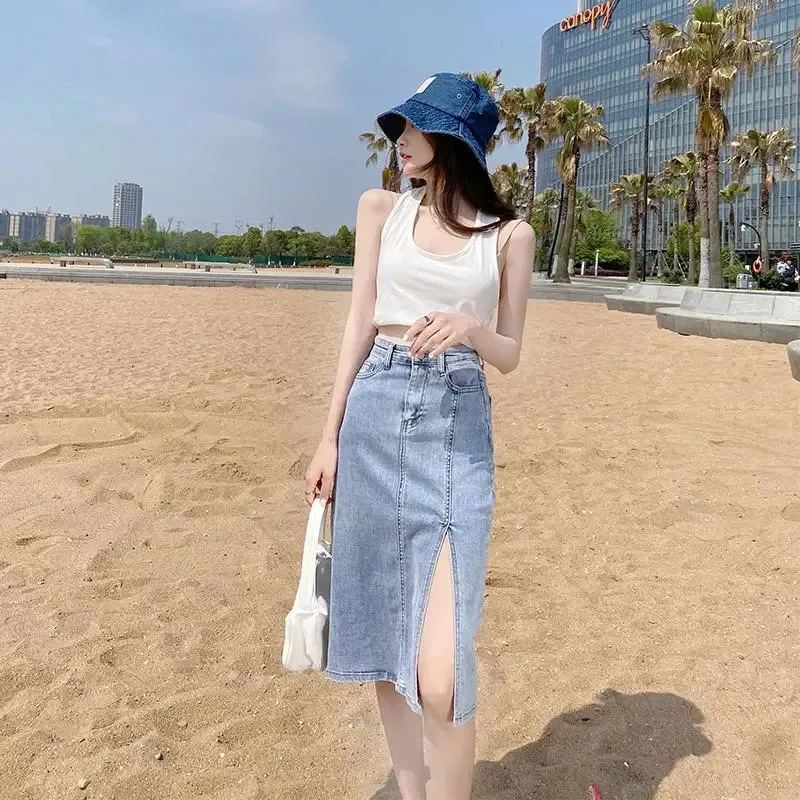 Lucyever Spring Summer Blue Denim Skirts Women Fashion High Waist Split One Step Skirt Woman Korean Streetwear Pencil Skirts