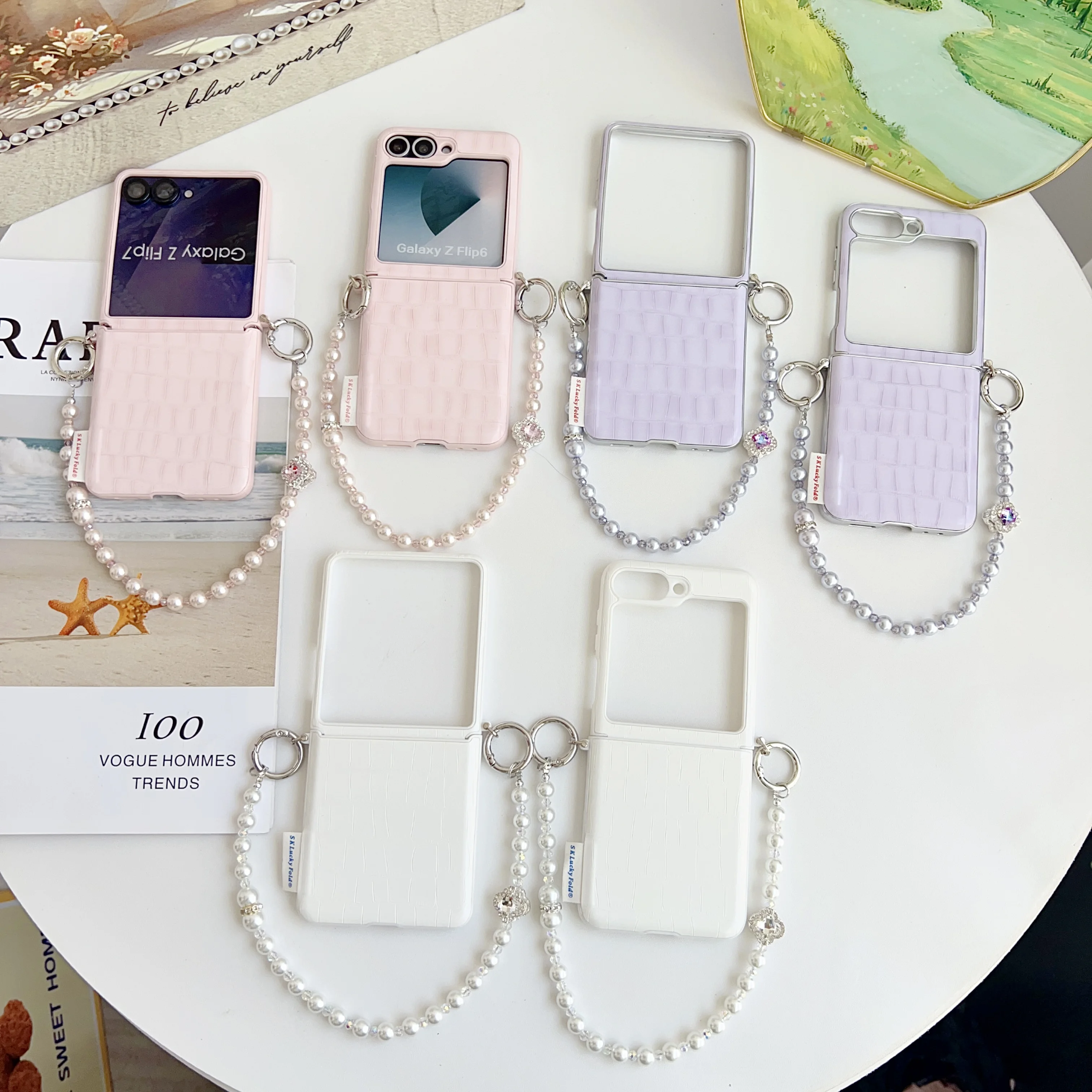 

Back Cover For Samsung Galaxy Z Flip 7 6 5 Case Crocodile Pattern Pu Leather Bracelet Wristband Chain Hard PC Shockproof Case