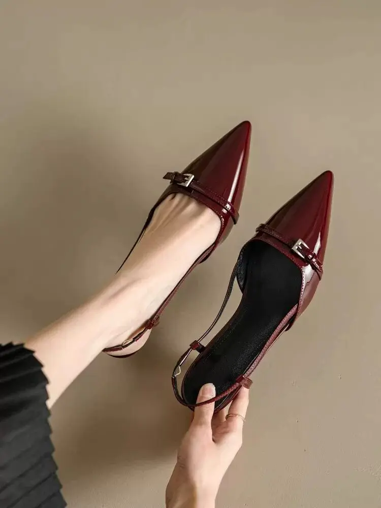 

Summer Retro Thin Heel Slingback Sandals for Women New French Wine Red Pointed Toe Patent Leather Mid-heel Closed-toe Sandals