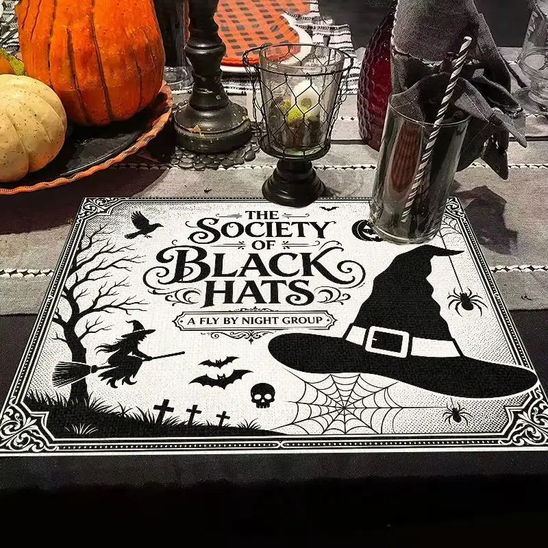 VIKAMA Witch Hat Society Halloween Placemat Crow Bat Spider Print Linen Table Mat Gothic Home Dinner Table Decor