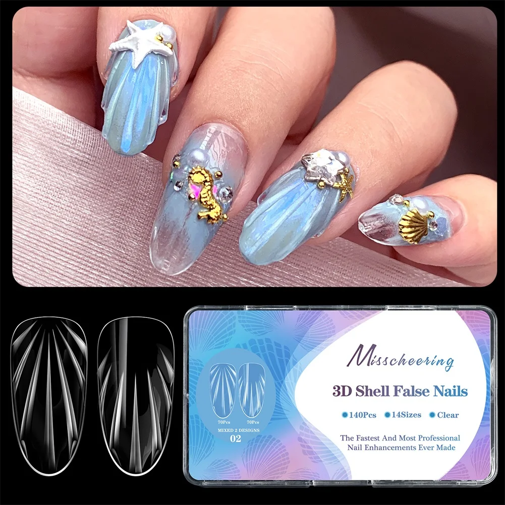 140pcs Rhombus Pattern Fake Nails,3D Shell Shape False Nails Full Cover Press-On Nails Elegant Manicure Kit For Wedding Party