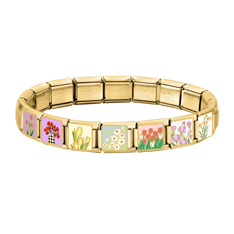 

New Unique Design Daisy Sunflower Tulip Moon Cat Gold Color Italian Charm Link Fit 9MM Stainless Steel Bracelet Women DIY Making