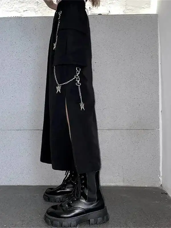 2025 New Spring Autumn Women Skirt Fashion Korean Style Black Long Skirts With Chain Side Slit Hip Hop Streetwear Plus Size 5MQY