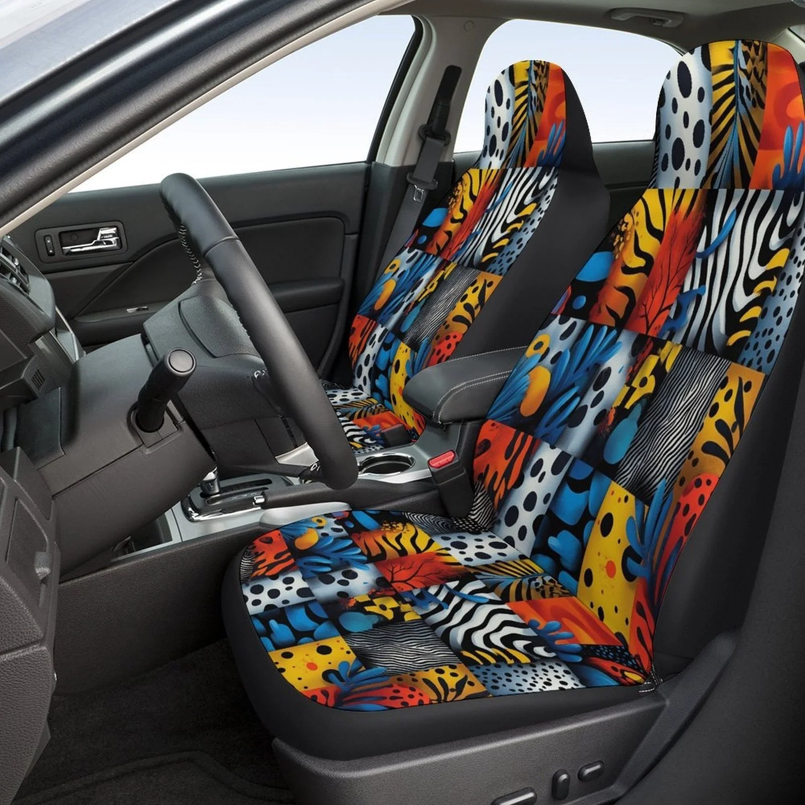 Pattern Collage Themed Car Seat Cover Set For Most Cars, Trendy Novelty Car Seat Protector Covers Full Set, Universal Car Seat C