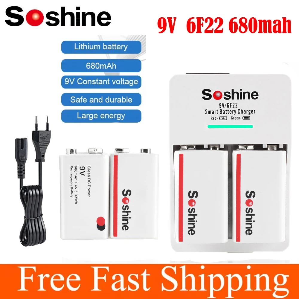 Soshine 9V 6F22 680mAh Rechargeable Battery Ni-MH Lithium LiFePO4 Batteries Charger and 2 Slots Smart EU US Batteries Charger