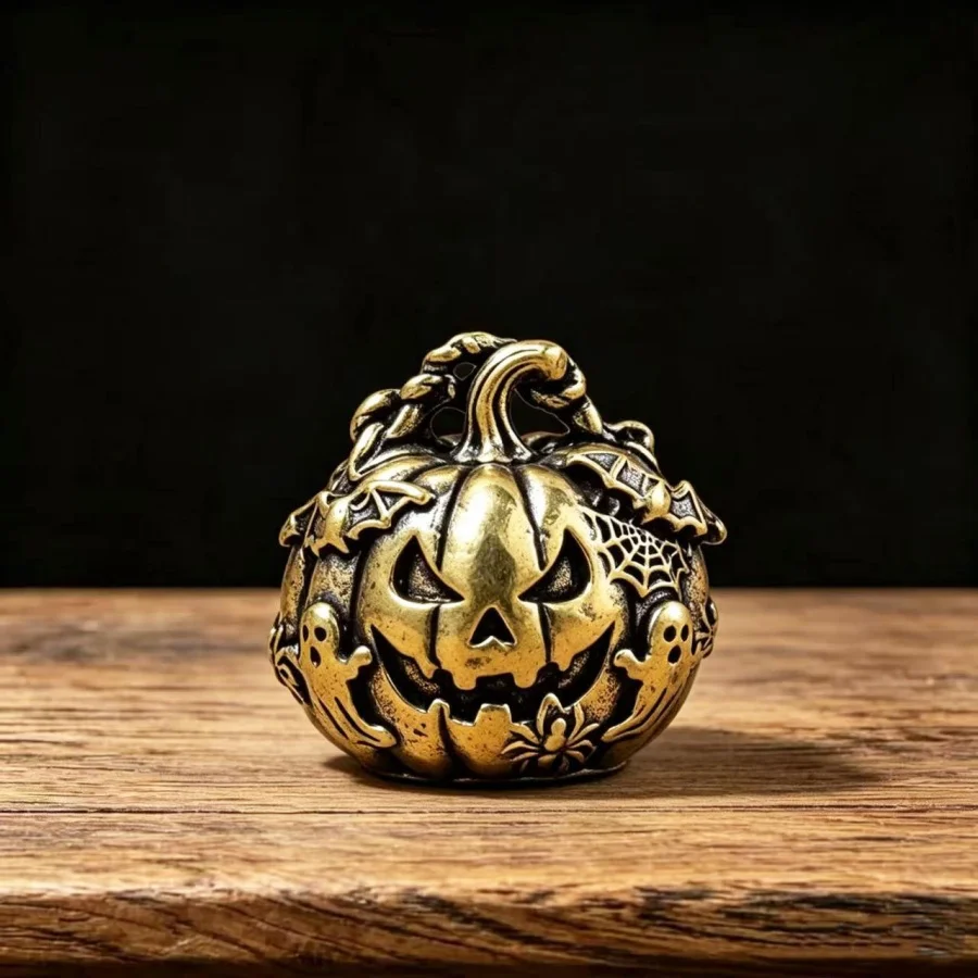 Vintage Aged Brass Pumpkin Face Statue Halloween Decor Ornament Copper Craft