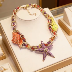Boho Enamel Starfish Shell Beaded Necklace For Women Colorful Summer Beach Vacation Jewelry Vintage Ocean Inspired Necklace