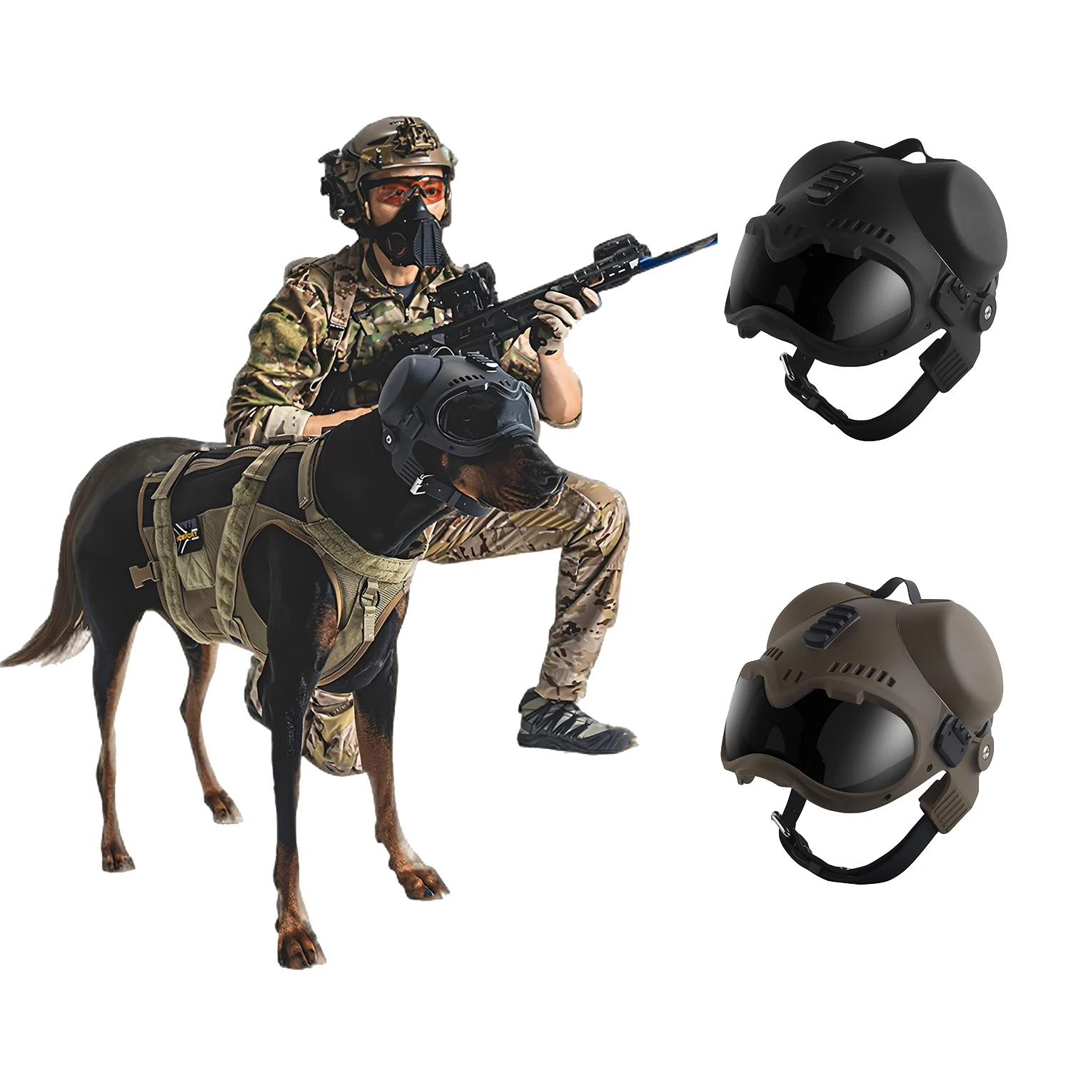 K9 Dog Helmet with Ballistic Goggles & Picatinny Rail Hearing Protection Earmuffs for Dogs (MWD) Malinois Shepherds Spainiels