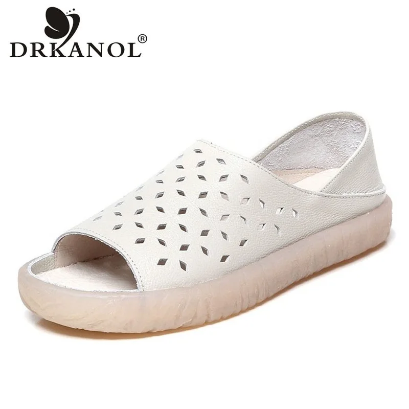 DRKANOL Women Flat Sandals Summer Open Toe Hollow Out Shoes Genuine Cow Leather Slip On Soft Cow Muscle Sole Non Slip Sandals