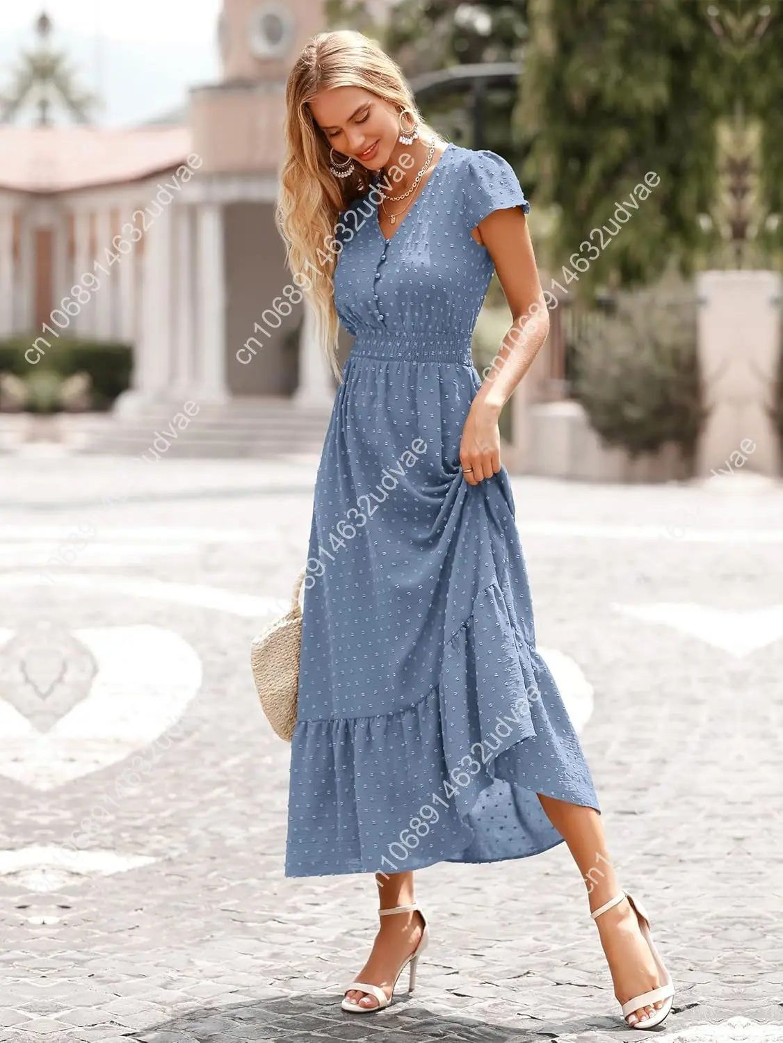 Kobiety Casual Boho letnie sukienki Maxi 2025 z krótkim rękawem V Neck szwajcarska kropka wzburzyć marszczona zwiewna długa suknia ślubna