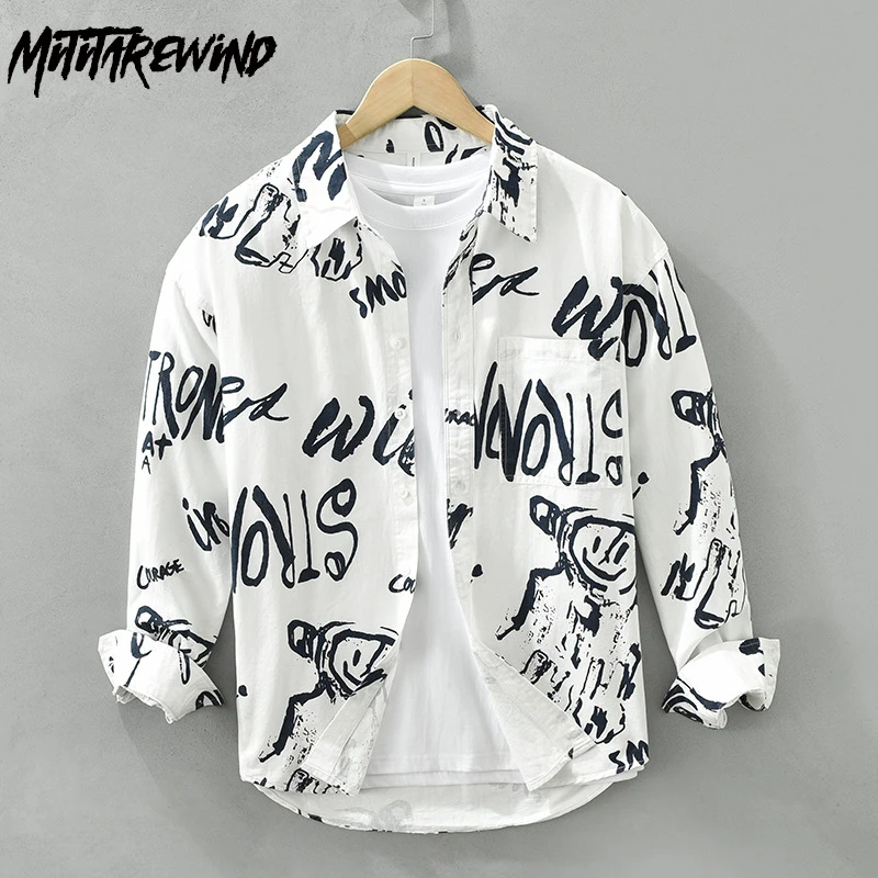 

2024 New Fashion Shirts Men Spring Summer Streetwear Loose Tops Pure Cotton Full Printed Shirt Japanese Style Youth Men Clothing