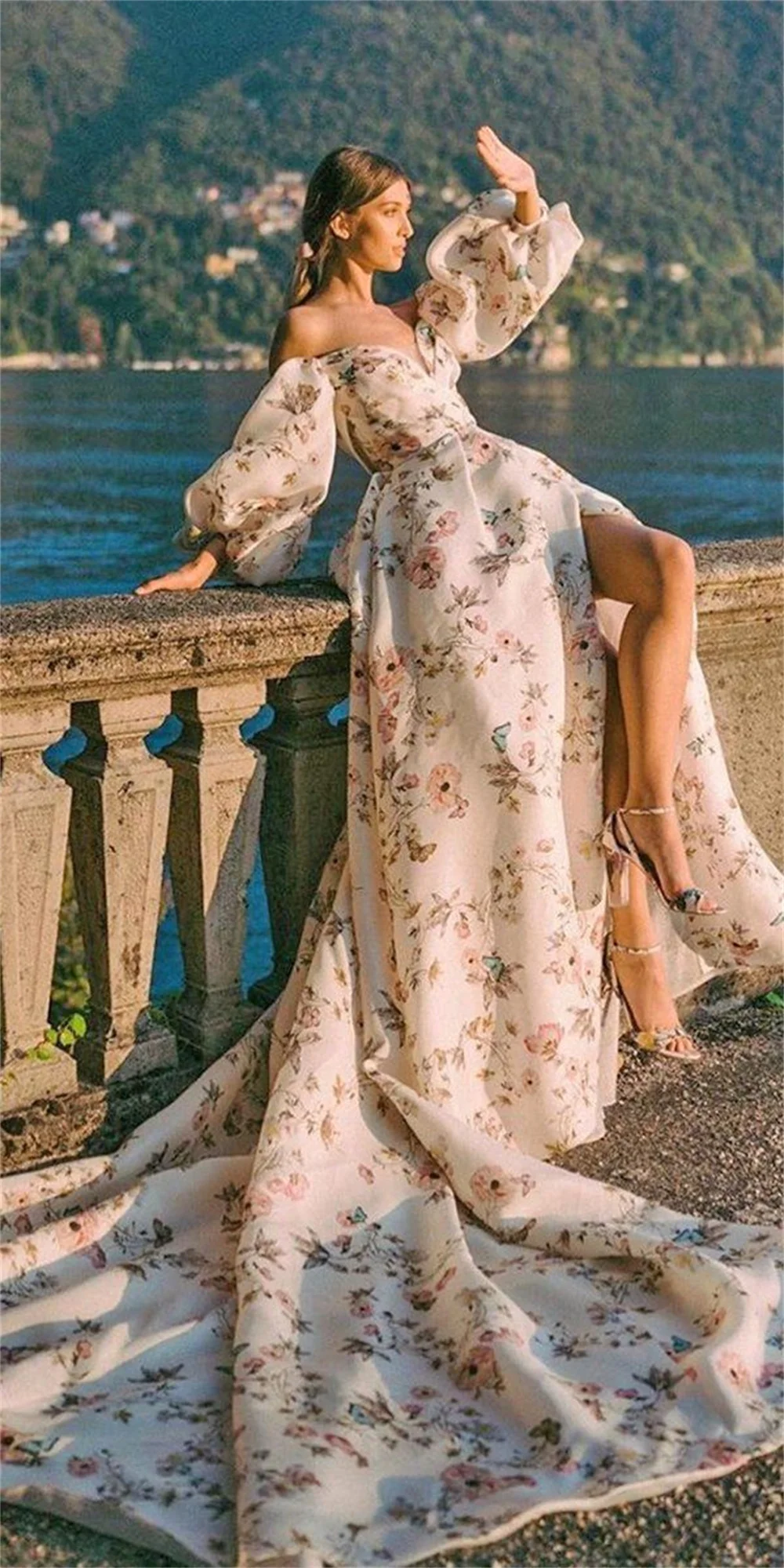 Amanda-Robe de Rhlongue à imprimé floral, robe de mariée, robe de Rhchérie, fente latérale princesse, magnifique, train de balayage