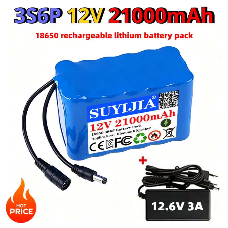 NEW 12V 21000mAh 18650 Lithium Battery Pack 3S6P large Capacity Built-in BMS 21Ah Suitable for Small Power Electronic Equipment.