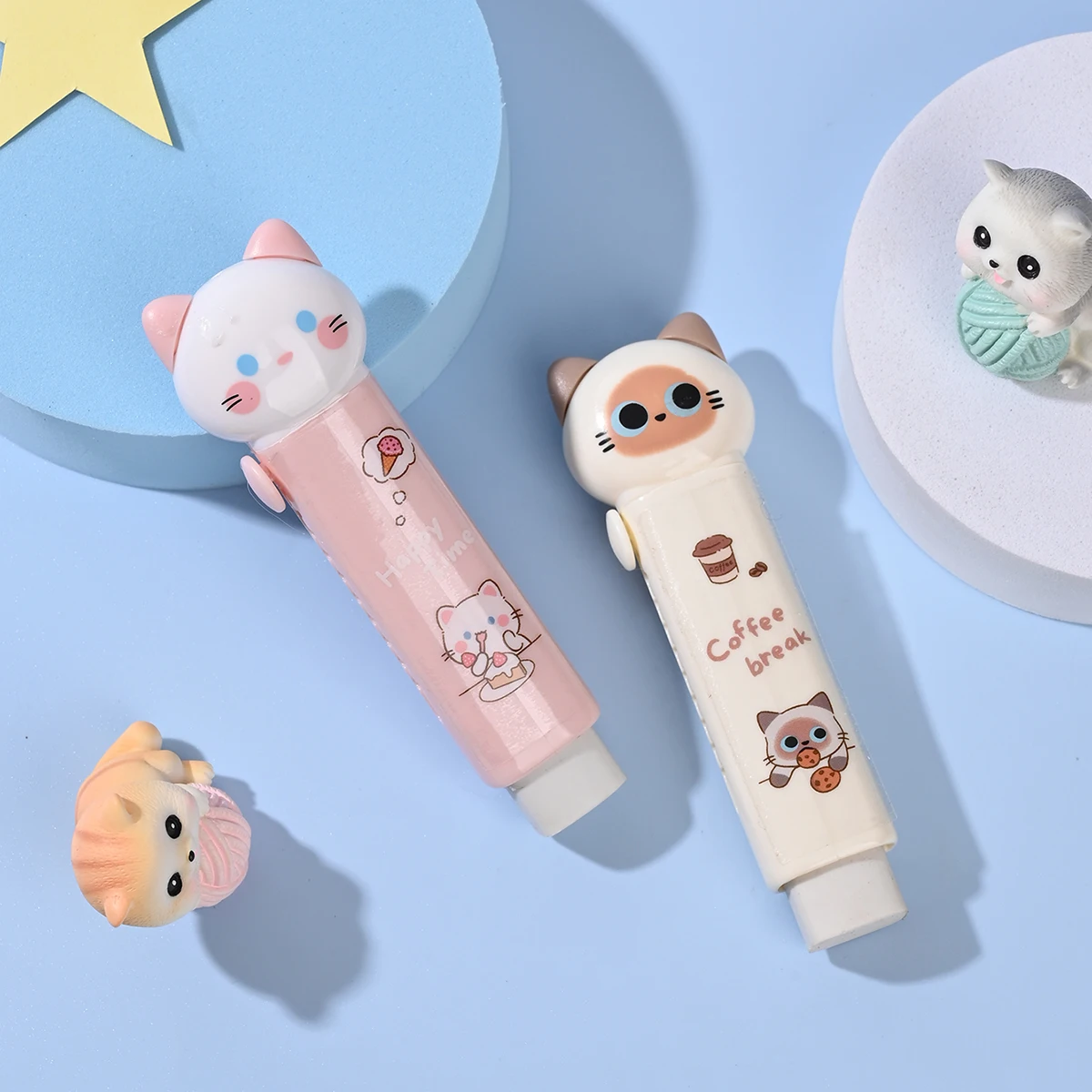 Retractable Cat Pencil Eraser Push Pull Soft Replaceable Refill Cute Kawaii Stationery For Teens Student School Office Supplies