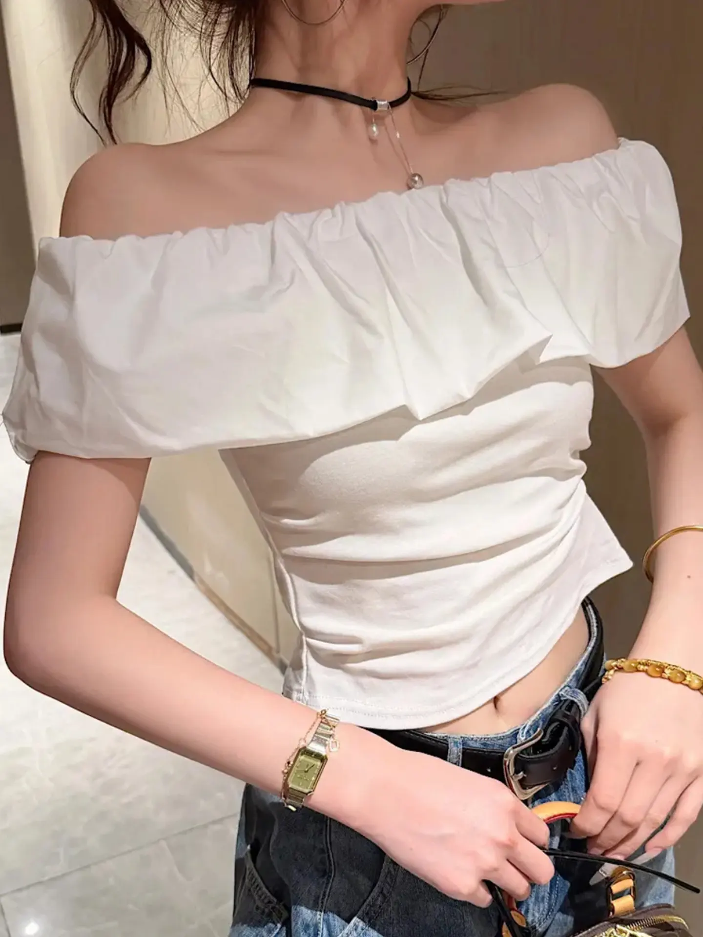Sweet And Spicy Short Sleeve Shoulder Bared One Shoulder T Shirt Slimming Design with Chest Pad Fresh And Sweet Style Short L...