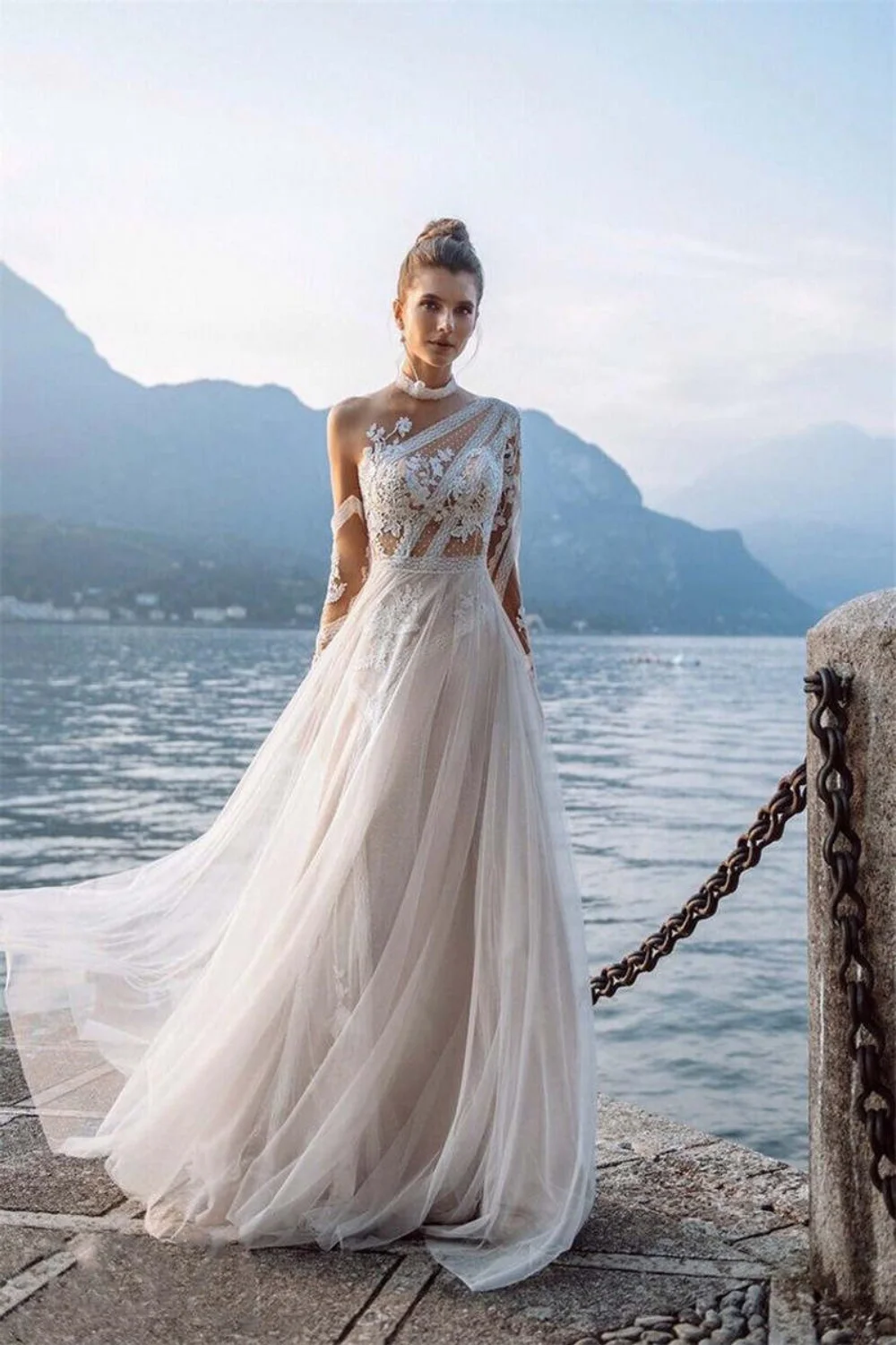 ZHUISHU 2025 Customized Boho Long Sleeves Wedding Dresses Dots Appliques Lace Bridal Gown Tulle Beach Bohemian Party Floor Lenth